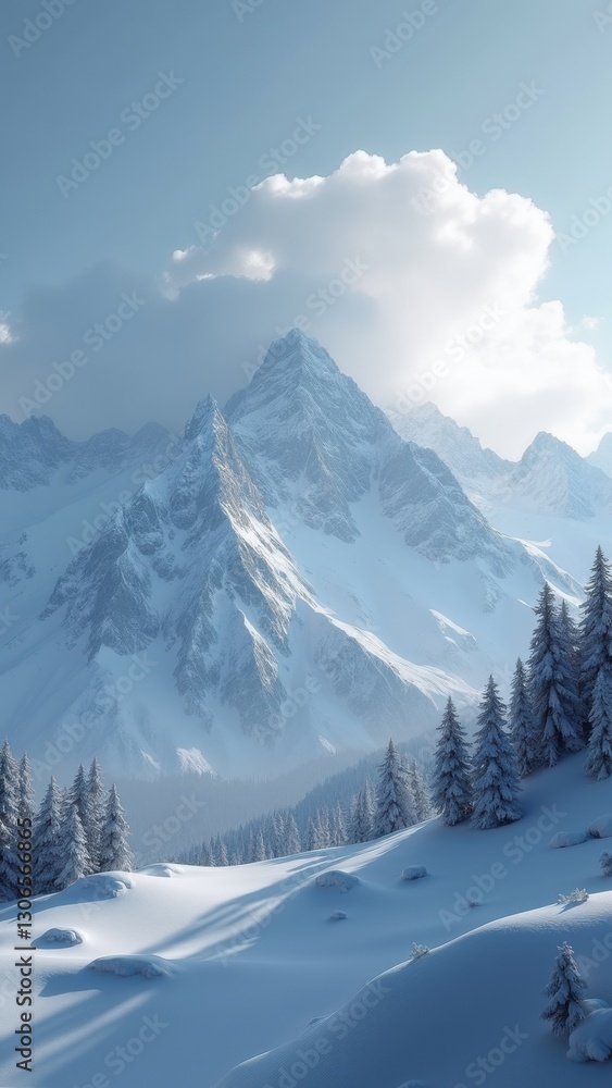 Poster snowy mountain range with a few trees in the foreground. the sky is cloudy and the sun is shining th