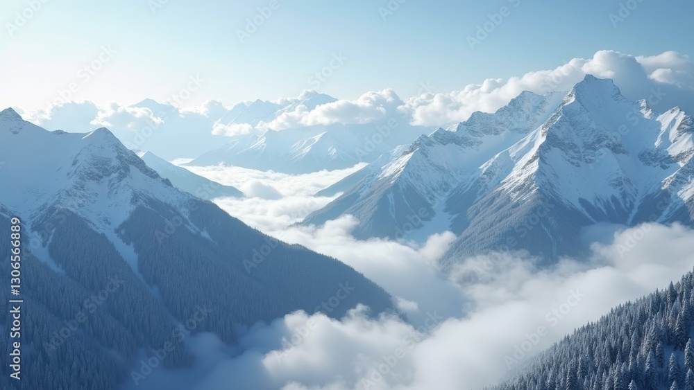 Poster the sky is clear and the mountains are covered in snow. the clouds are low and the mountains are in 