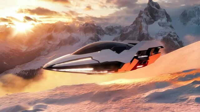 A futuristic, sleek hovercraft gliding over a snow-covered landscape