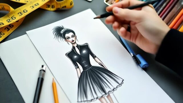 An artist hand sketching a fashion illustration on white paper, featuring a stylized female figure with a dramatic black and white outfit