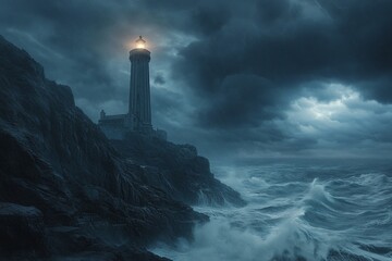 Coastal Lighthouse Stormy Night Ocean Waves