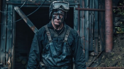 Exhausted Coal Miner Emerging from Dark Shaft into Bright Daylight