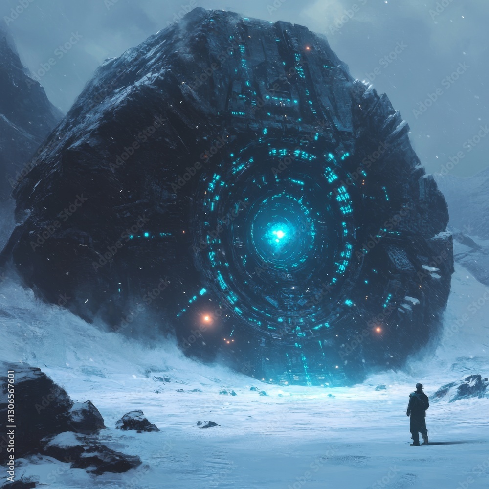 Poster mysterious glowing monolith in a snowy landscape with a lone figure exploring its secrets
