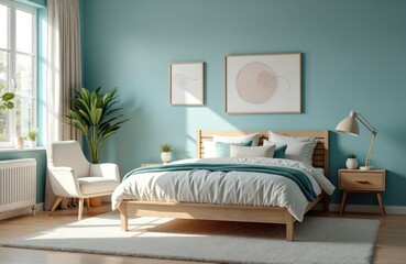 Cozy blue bedroom modern interior, comfortable bed. Bedside table features lamp. Home design includes chair, plants, frames on wall. Interior estate, apartment offers relax, comfort lifestyle, cozy