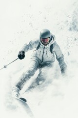 Skier in White Suit Descending Snowy Mountain Slope