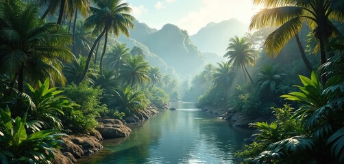 Lush Amazon rainforest with river, green vegetation, palm trees, fog. Tropical forest landscape scenery with mist, moss, wood. Exotic jungle nature in wild Brazil. Natural environment with blue water. © miss irine