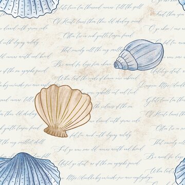 Watercolor painting of a sea blue seashell pattern with script writing