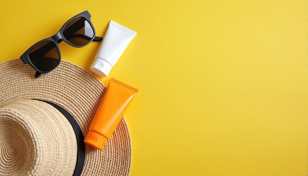 Sunscreen tubes, sunglasses, straw hat lay on bright yellow background. Sun safe concept, skin cancer awareness. Beach vacation accessories. Summer sun protection cosmetics with copy space.