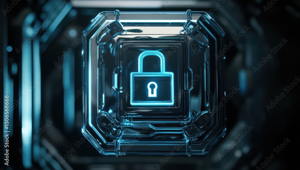 Poster online security visualized through a futuristic depiction of an internet padlock, emphasizing robust