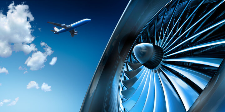 Fototapeta Close-up of aircraft jet engine turbine against a blue sky with white clouds and starting airplane - 3D illustration