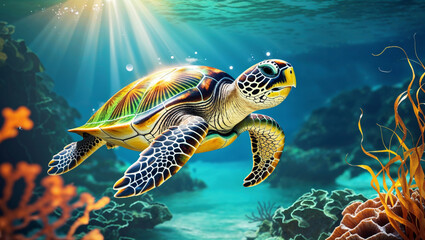 Fototapeta premium A graceful sea turtle swims peacefully through crystal-clear ocean waters, bathed in sunlight.