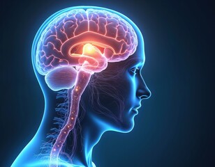 Brain anatomy concept with hypothalamus, limbic system for emotions, behaviors analysis. Neurobiology of emotional regulation, cognition, mental health research. Connection between hippocampus,