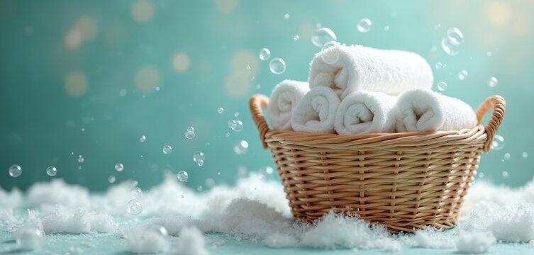 Clean white rolled towels in wicker basket. Soap bubbles around on turquoise bokeh. Spring cleaning concept, banner with copy space for laundry service. Freshness and hygiene at home, hotel, spa.