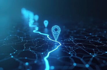Glowing digital geolocation interface displays GPS navigation. Tracking system points location on road map with pin, tag and geo icon in cyberspace. Tech transportation.