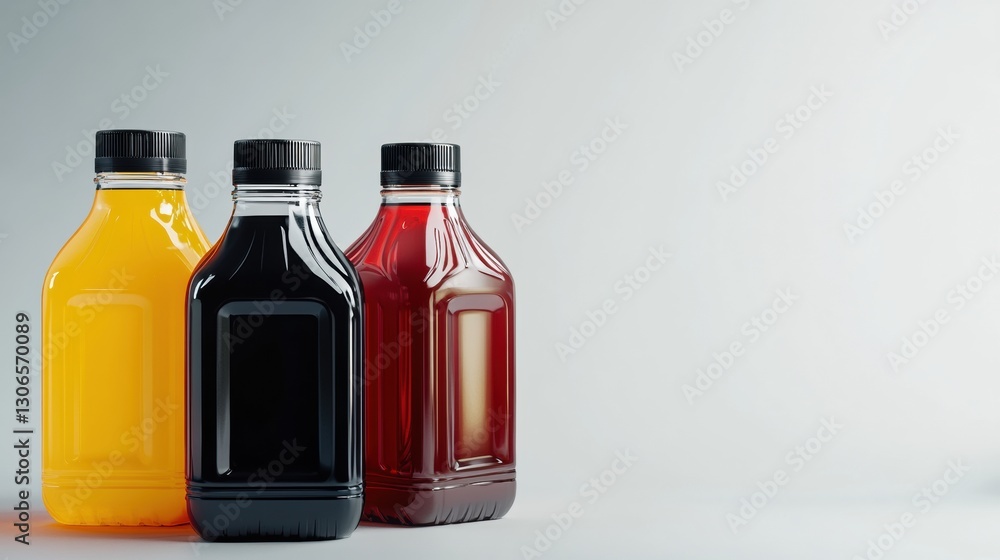 Poster neatly arranged bottles of car fluids in assorted colors on a neutral background with space for text