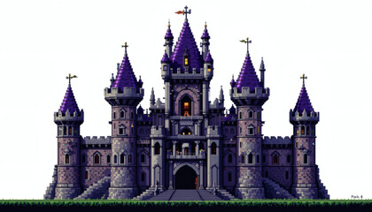 Obraz premium Majestic Pixelated Castle with Crenelated Towers in Bold Purple and Gray, Isolated on White Background