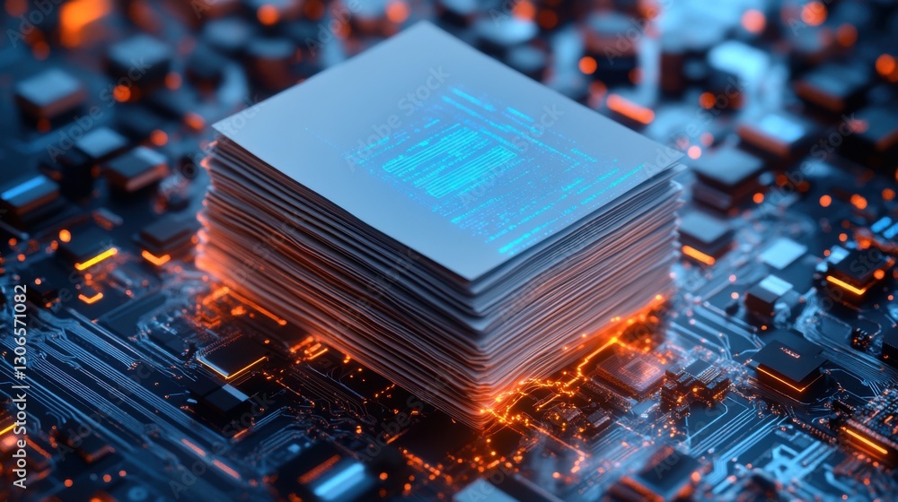 Poster digital data storage: a stack of papers on a circuit board