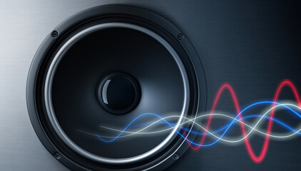 Obraz na płótnie Canvas Black Hi-Fi speaker mounted in dark background with sound waves