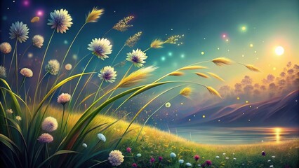 Enchanted Meadow at Sunset Serene Landscape with Delicate Flowers and Glowing Lights