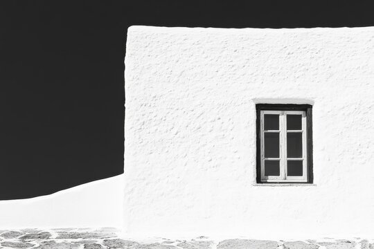 Black and white textured wall house with window, dramatic dark sky background