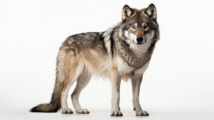Obraz premium Detailed Hyper-realistic image of a majestic wolf with piercing eyes, standing confidently on a pure white background, isolated, sharp details, professional studio lighting