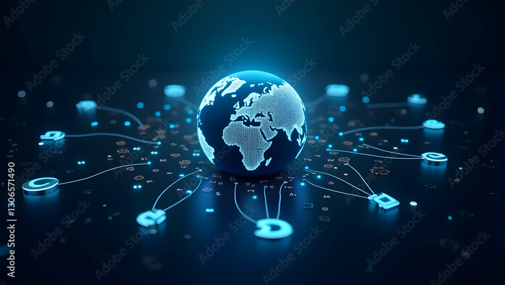 Poster global cybersecurity: globe with encryption symbols for online protection