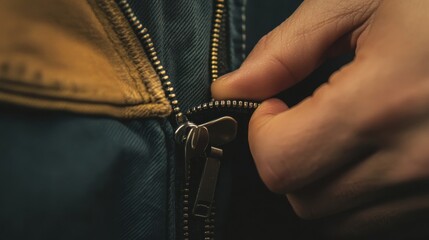 A hand pulls a zipper on a dark colored jacket close
