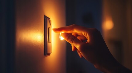 A hand reaching towards a lit light switch in darkness