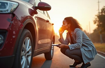 African-American woman examines auto. Inspecting car damage after crash accident. Holds mobile phone, making call. Insurance claim concept, transport safety service, roadside assistance. Sunset light.