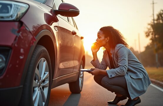 African-American woman examines auto. Inspecting car damage after crash accident. Holds mobile phone, making call. Insurance claim concept, transport safety service, roadside assistance. Sunset light.