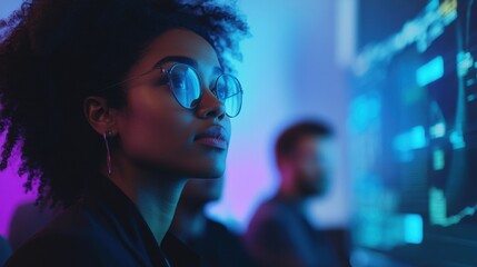 Diverse team of employees watching a business webinar on a large monitor, corporate boardroom, digital workplace, strategic planning session