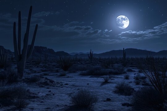 midnight landscape under a full moon, showcasing a desolate desert with cacti casting elongated shadows