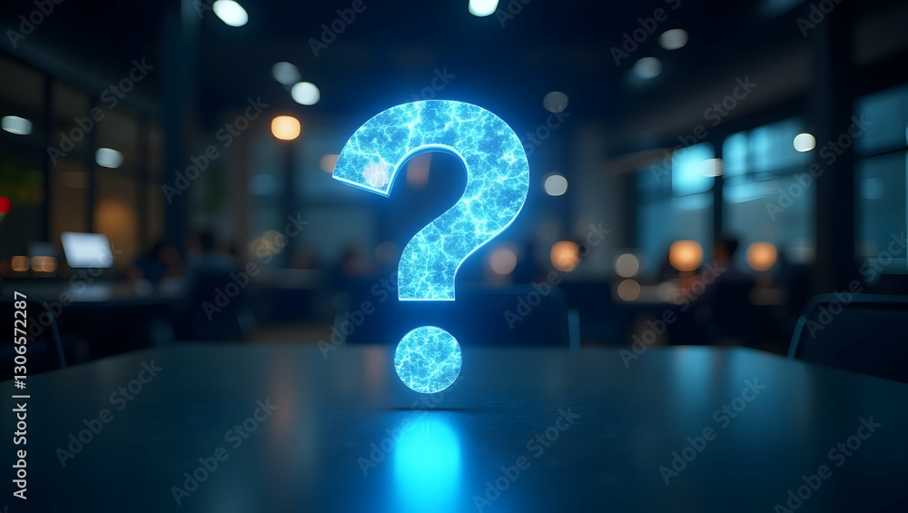 Poster exploring the future of customer support: a holographic question mark symbolizing curiosity and inte