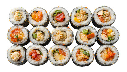 Various Sushi Rolls with Colorful Vegetarian Fillings on Transparent Background