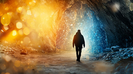 Fototapeta premium A traveler discovers a magical door in a rock