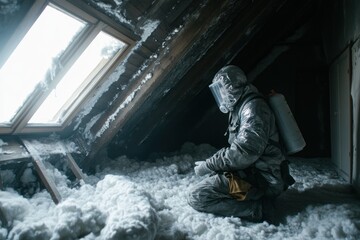 Worker in protective gear examines snow and insulation in a snow-filled attic.
