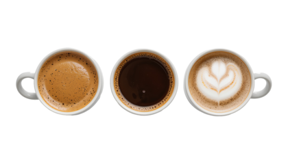 Variety of coffee drinks presented in mugs, including black coffee, cappuccino, and latte