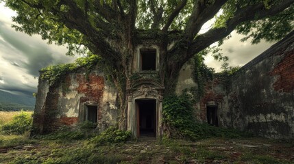 Ancient Ruins, Overgrown by Nature's Embrace: A Serene Yet Eerie Scene