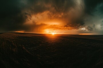Fototapeta premium thunderstorm rolling over the prairie, highlighting the sweeping landscape and the burgeoning storm with lightning strikes in the distance
