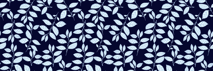 Elegant seamless pattern featuring blue leaves and branches on a dark navy background. Perfect for wallpaper, textile design, wrapping paper, and botanical-themed creative projects.
