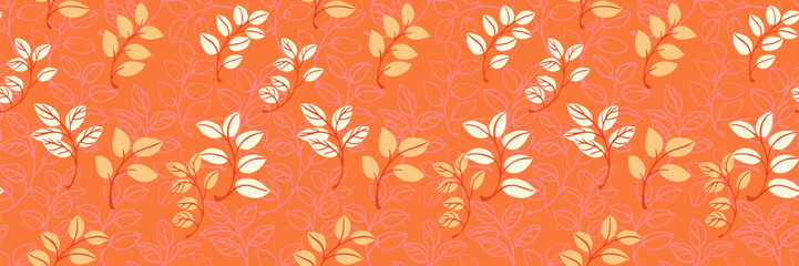Fototapeta premium Seamless botanical vector pattern featuring elegant leafy branches in warm autumn hues of orange, beige, and red. Nature ornament for fall-themed textiles, wallpapers, packaging, invitations