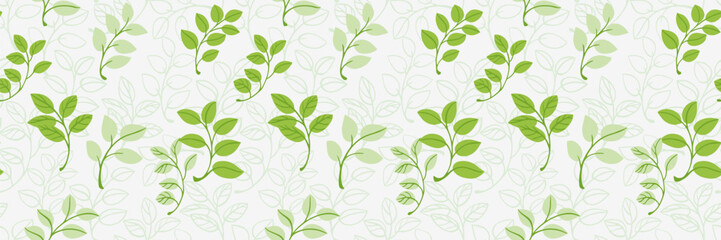 Seamless vector pattern showcasing delicate branches with green leaves on a white background. Print ornament for fabrics, stationery, home decor, and digital designs with a nature-inspired theme