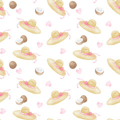 sun hat. Watercolor seamless pattern in pastel colors. Cute illustration on the theme of rest, vacation