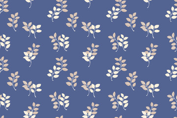 Seamless pattern featuring delicate foliage with beige leaves on a blue background. Design is perfect for textiles, packaging, invitations, and wallpapers.