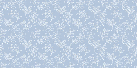 Seamless vector pattern of white outline leafy branches on a pastel blue background. A soft and minimalist design ideal for cover, print ornament, stationery, textiles, and packaging.
