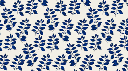 Seamless botanical pattern with navy blue leaves on light background. Minimalistic and elegant design for ornament. Ideas for textiles, wallpapers, packaging, and eco-friendly branding.