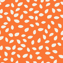 Seamless minimalist pattern with abstract white teardrop shapes scattered on a bright orange background. Elegant and simple design suitable for fabrics, wallpapers, or digital prints.