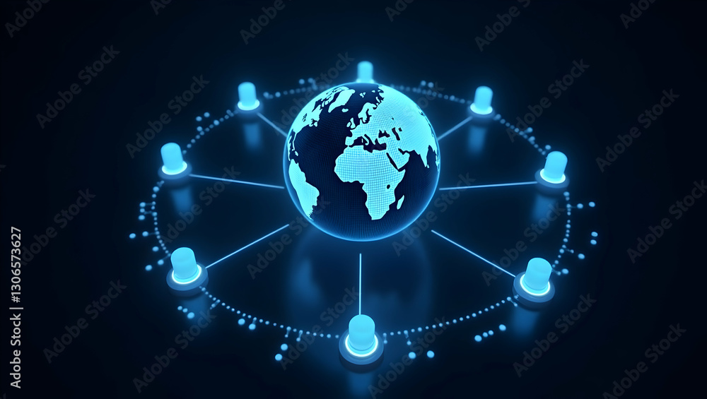 Poster visualizing global connectivity: holographic globe surrounded by network symbols in stock photo