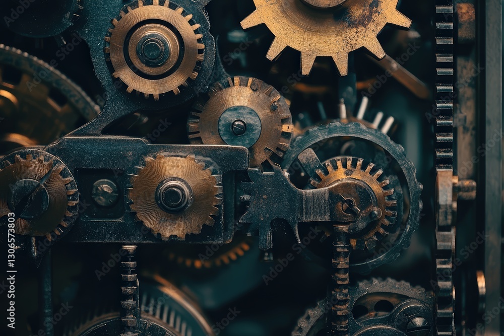 Poster intricate mechanical contraption with interlocking gears and pulleys showcased in a well-lit worksho