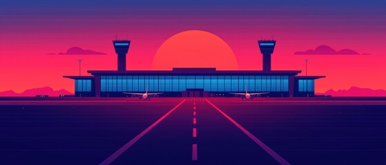 Fototapeta premium Isometric building concept. Sunset over a modern airport with vibrant colors and an empty runway.